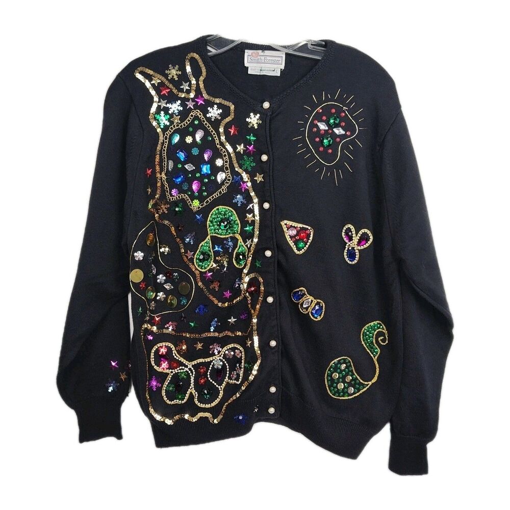 Vintage Smith-Forester Sequined Button-Up Women's‎ Cardigan, Sz L, Black